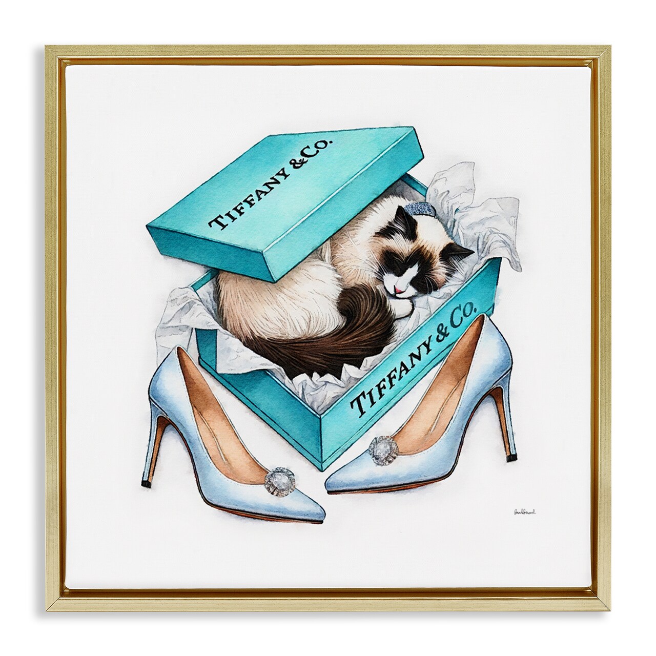 Stupell Industries Blue Shoebox with Kitten Framed Floater Canvas Wall Art Design by Amanda Greenwood